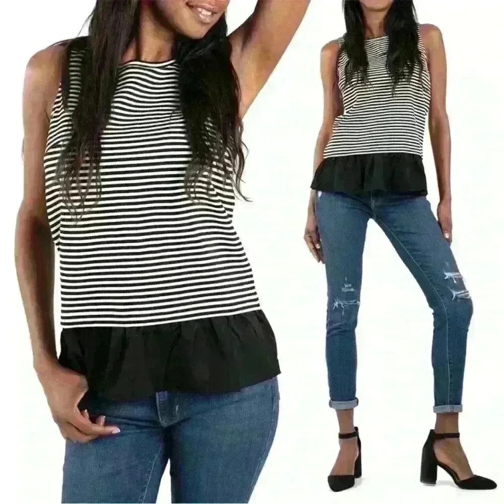 J Crew Women’s Striped Ruffle-Hem Tank Top White Black Size M Slightly Loose Fit